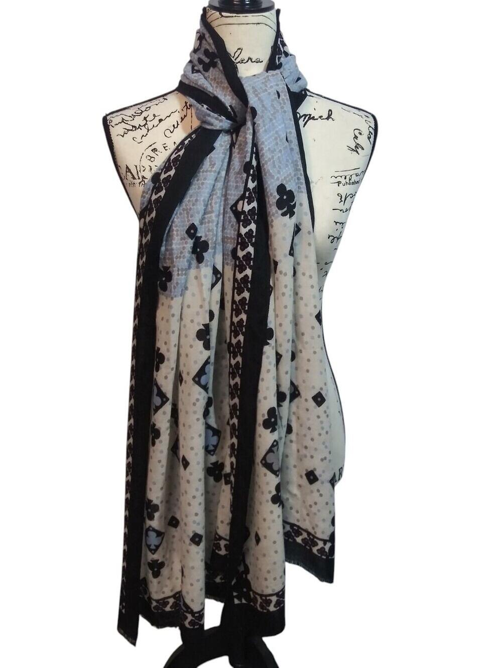 MIR Blue White Wool Cashmere Club Polkadot Wrap Scarf Fringe